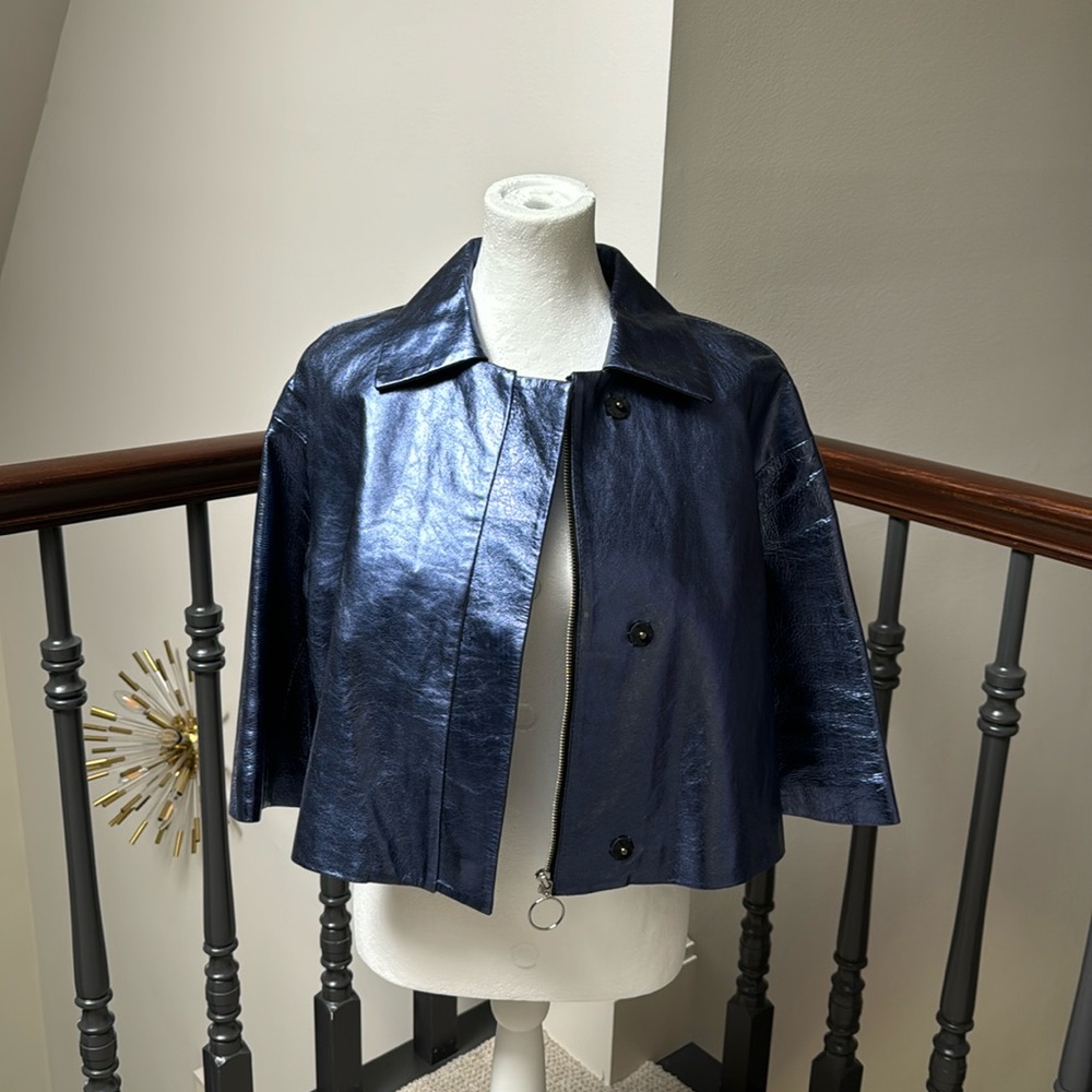 Linda Richards Luxury Blue Metallic Leather Jacket NWOT